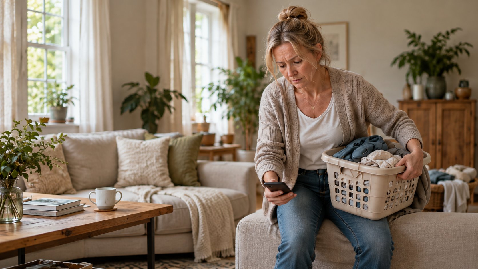 Vermoeidheid in de overgang Vrouw met wasmand en telefoon op de bank: moe in de overgang en toch doorgaan